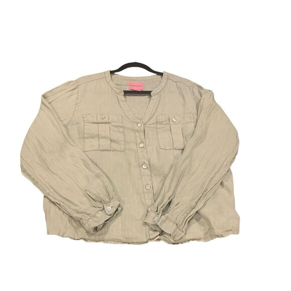 Isaac Mizrahi Womens Sage Green 100% Linen Button Up Blouse XL Roll Tab Sleeve - Picture 6 of 6